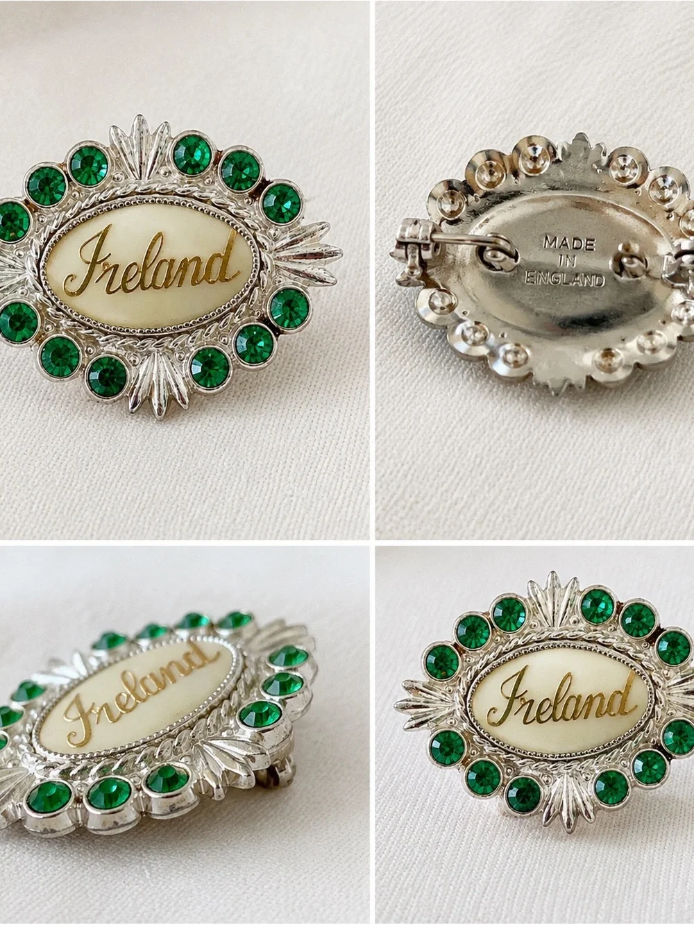 Vintage 1950s Ireland Brooch Green Rhinestone Made in England Irish Souvenir Pin